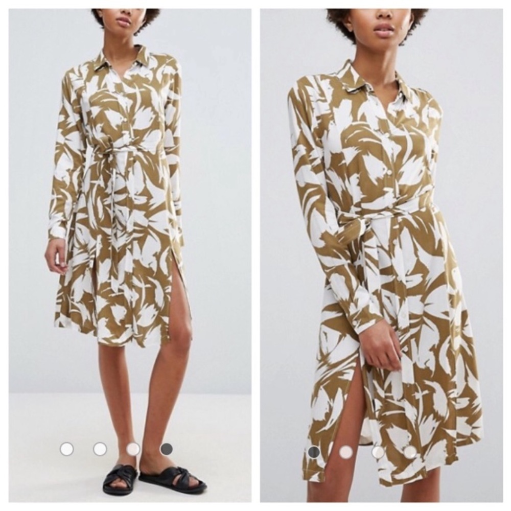 Ganni Casual Long Sleeve Shirt Dress in Green and White